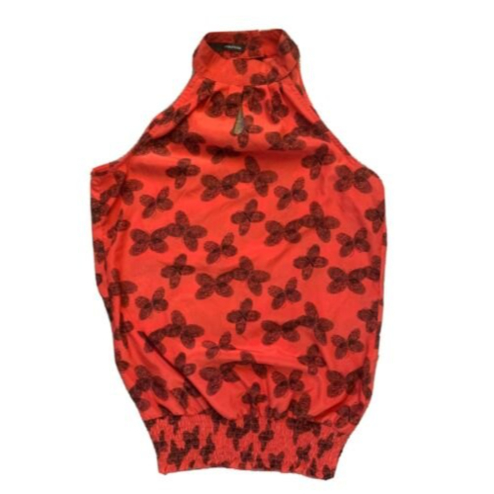 Maurices Women's S Sleeveless Top Red Black Fingerprint Butterflies Keyhole neck